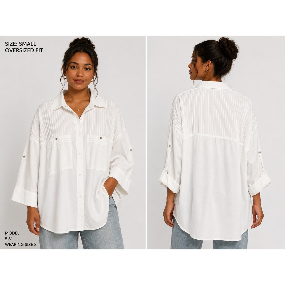 VICI White Pintuck Pleated Oversized Button Down Shirt Roll Tab Sleeve Small